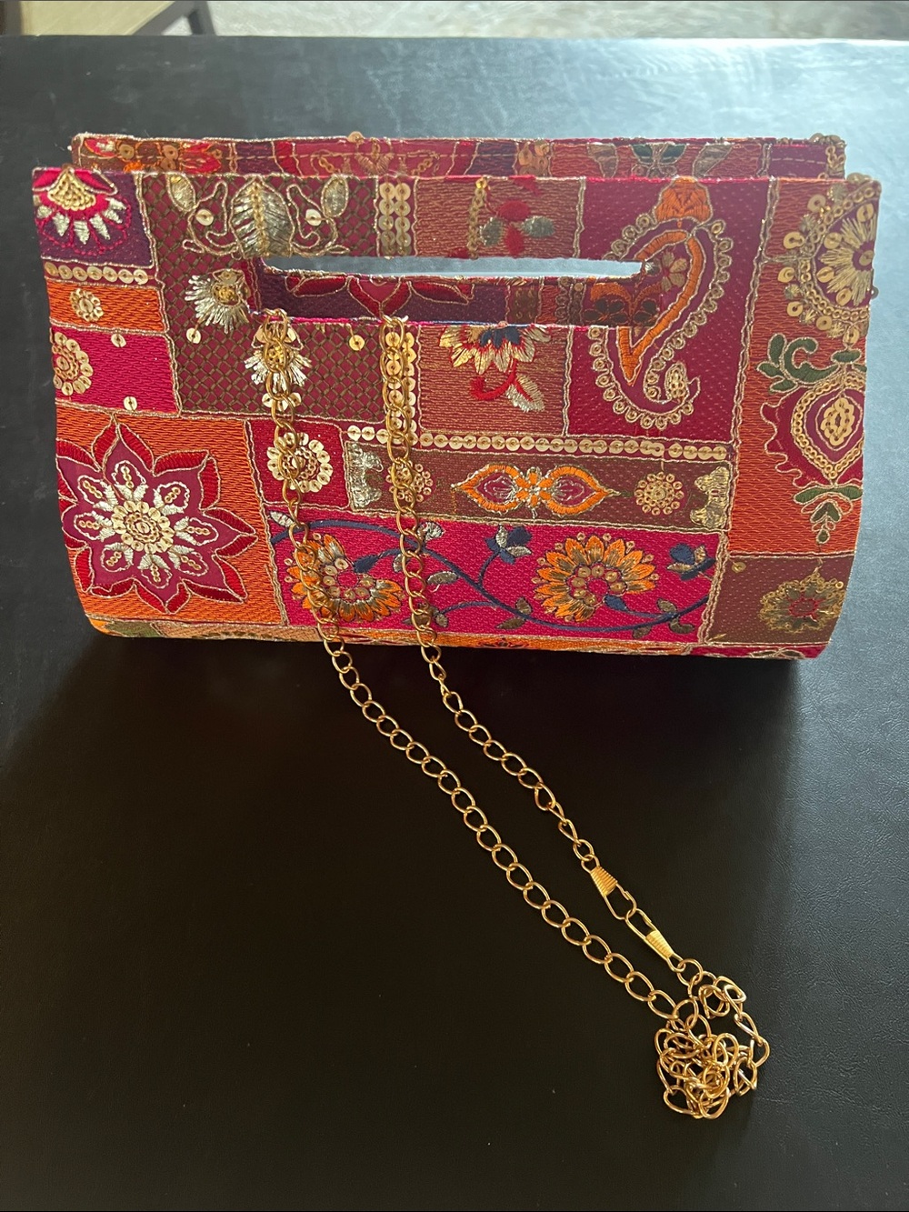 BespokeFit Red Patchwork Embellished Clutch with Gold Chain